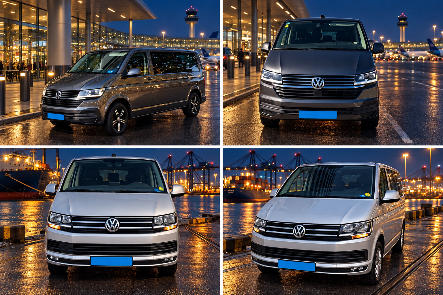 LM Crew Services Volkswagen minibuses at an airport and the Port of Rotterdam at night